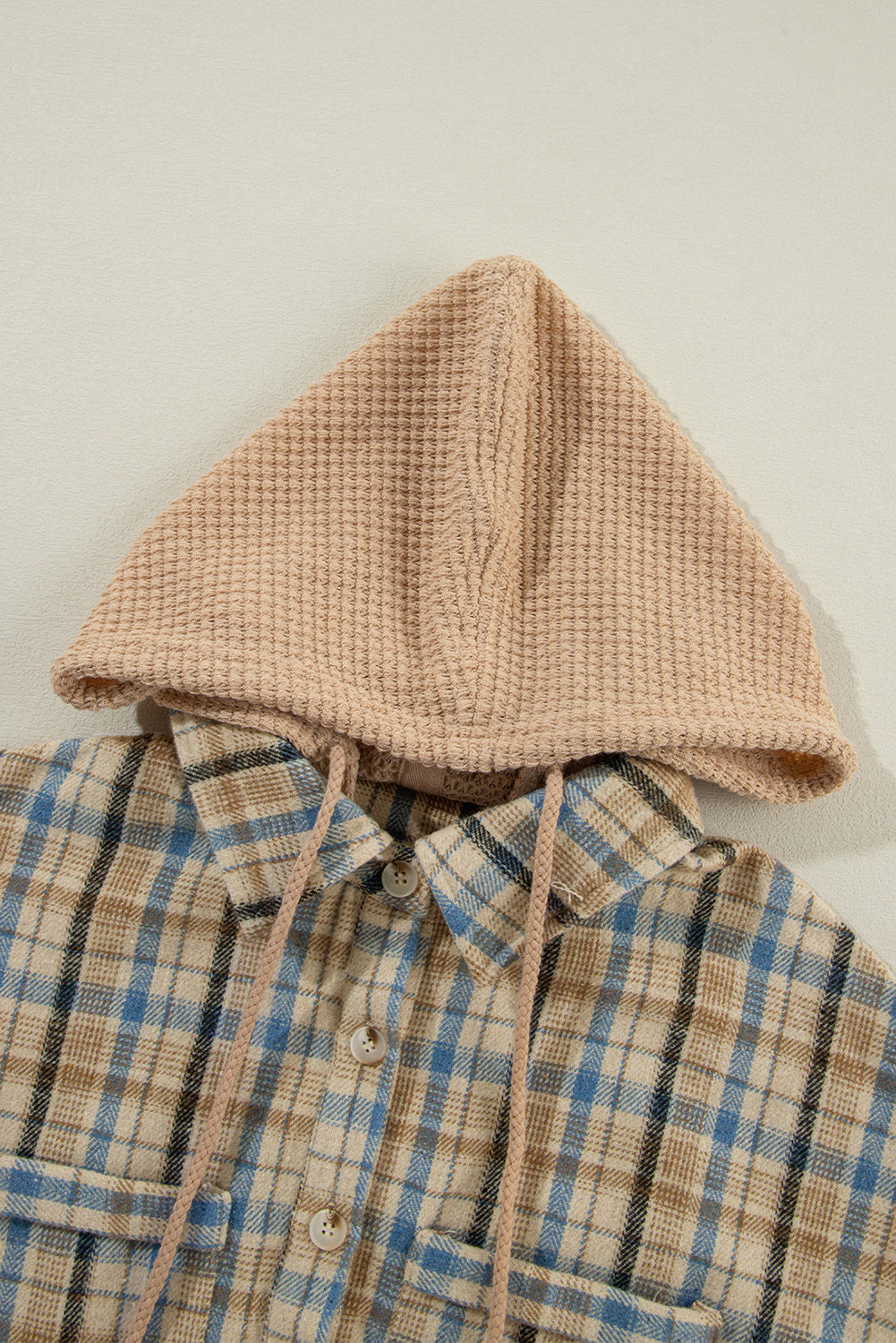 Drawstring Waffle Knit Patchwork Hooded Plaid Shacket - Charming Charlie