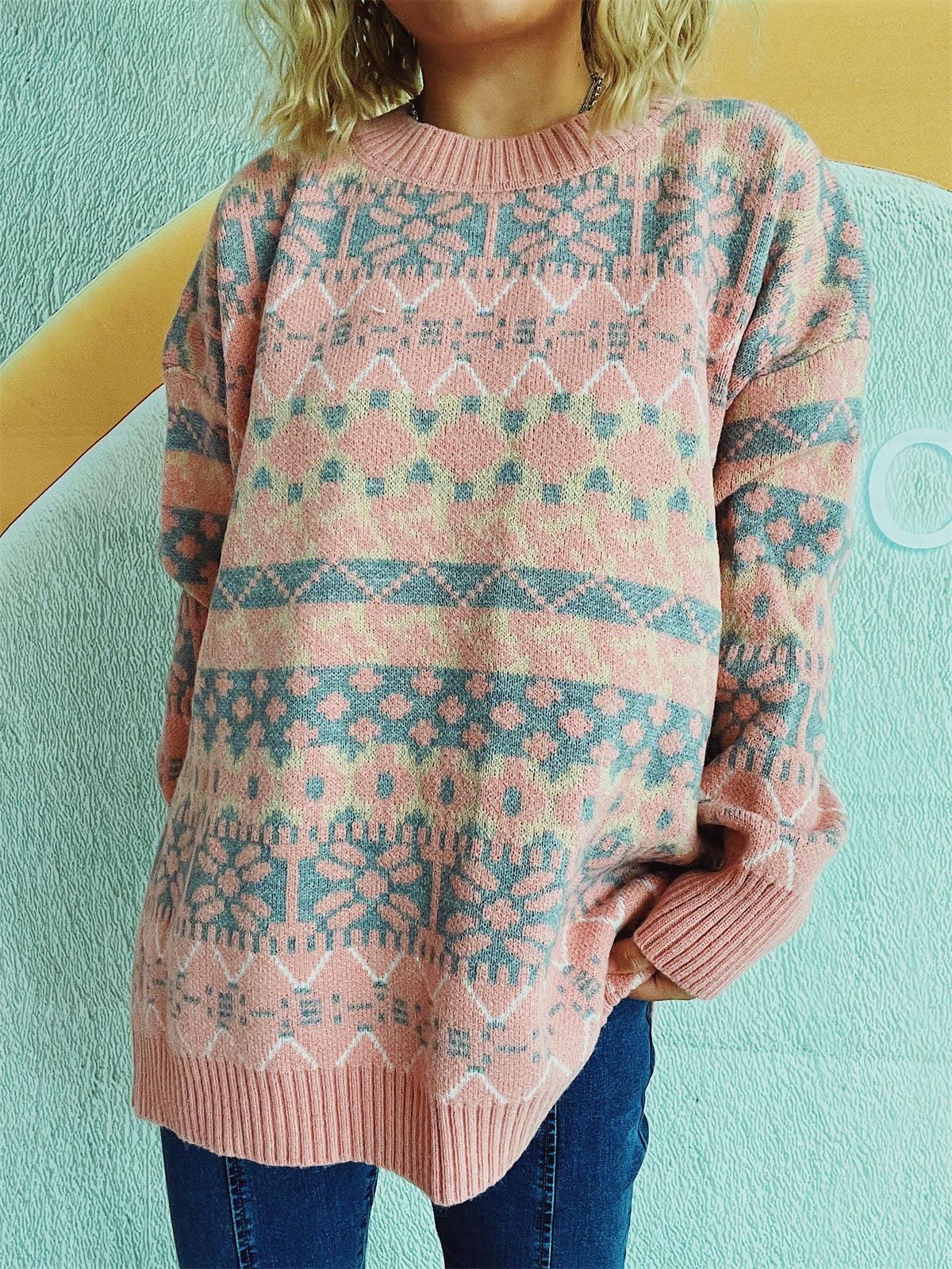 Geometric Round Neck Dropped Shoulder Sweater - Charming Charlie