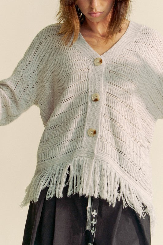 Davi & Dani Fringe V-Neck Button Up Long Sleeve Cardigan - Charming Charlie