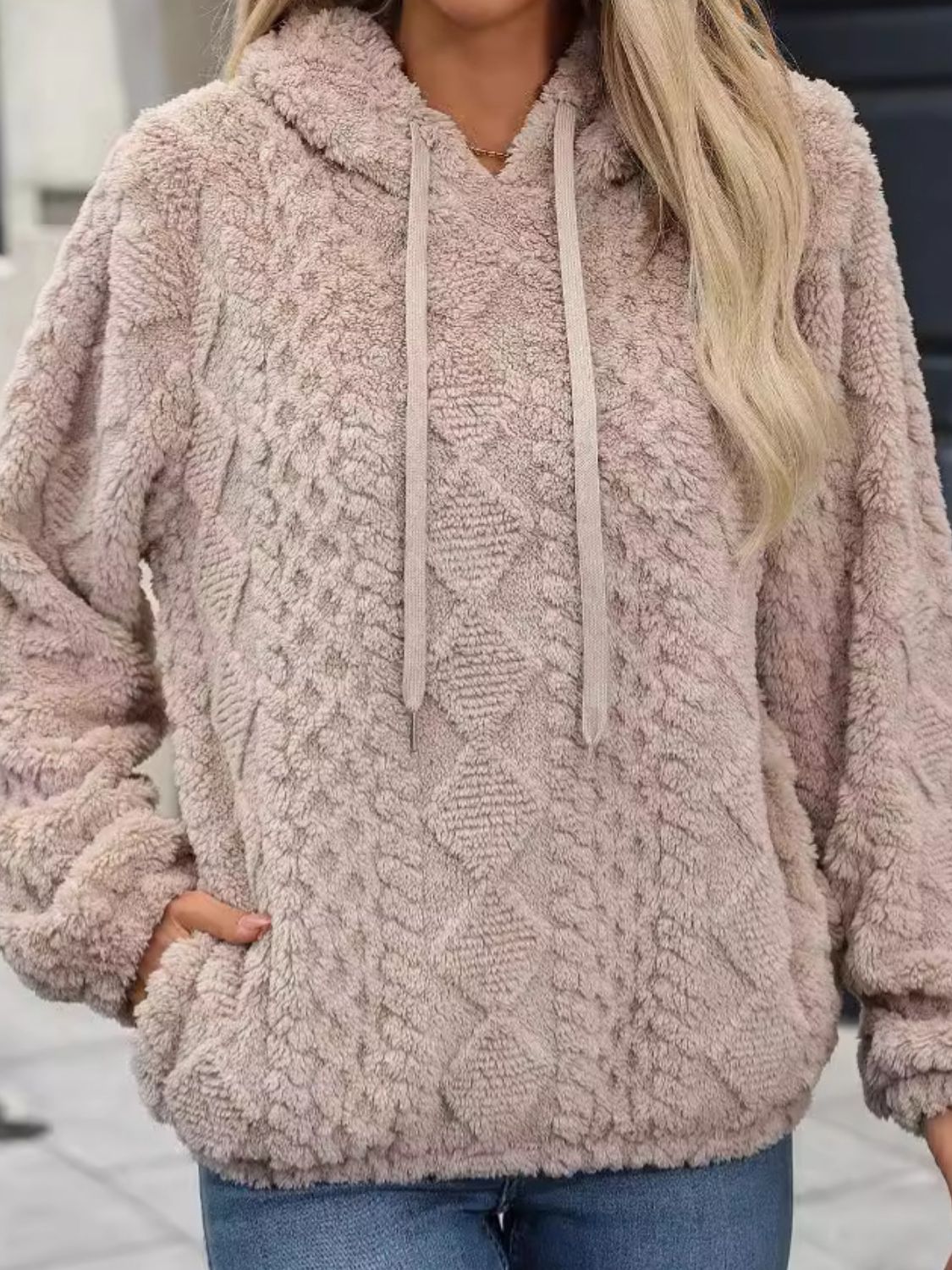 Drawstring Long Sleeve Plush Hoodie - Charming Charlie