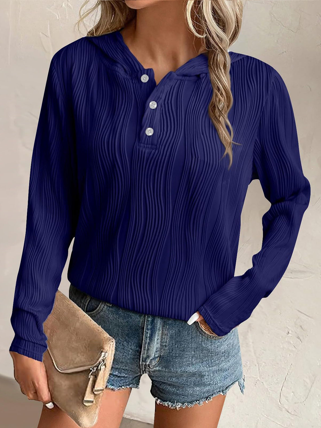 Textured Long Sleeve Hoodie - Charming Charlie