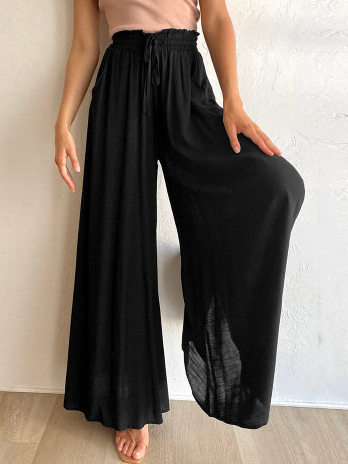 Drawstring Wide Leg Pants with Pockets - Charming Charlie
