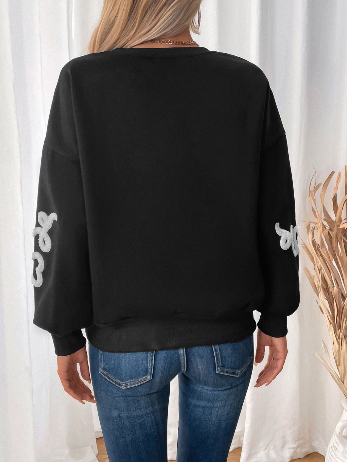 Perfee Heart Round Neck Long Sleeve Sweater - Charming Charlie
