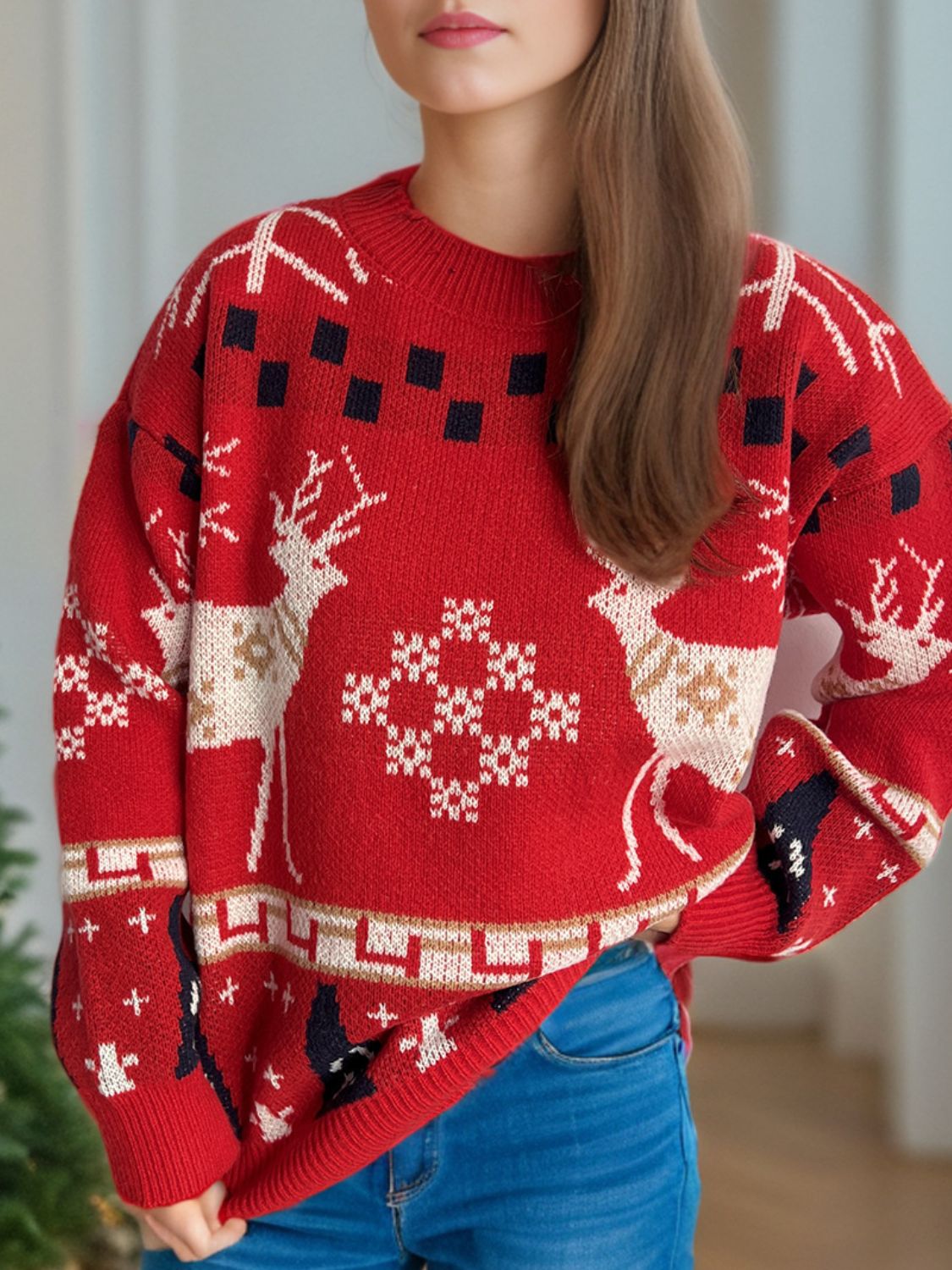 Christmas Element Round Neck Long Sleeve Sweater - Charming Charlie