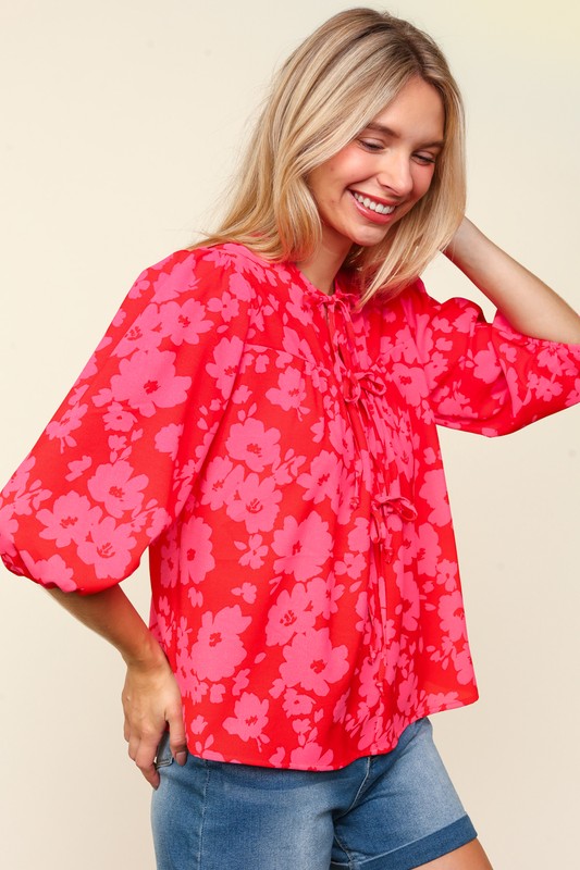 Haptics Full Size Ribbon Bow Floral Balloon Sleeve Blouse - Charming Charlie