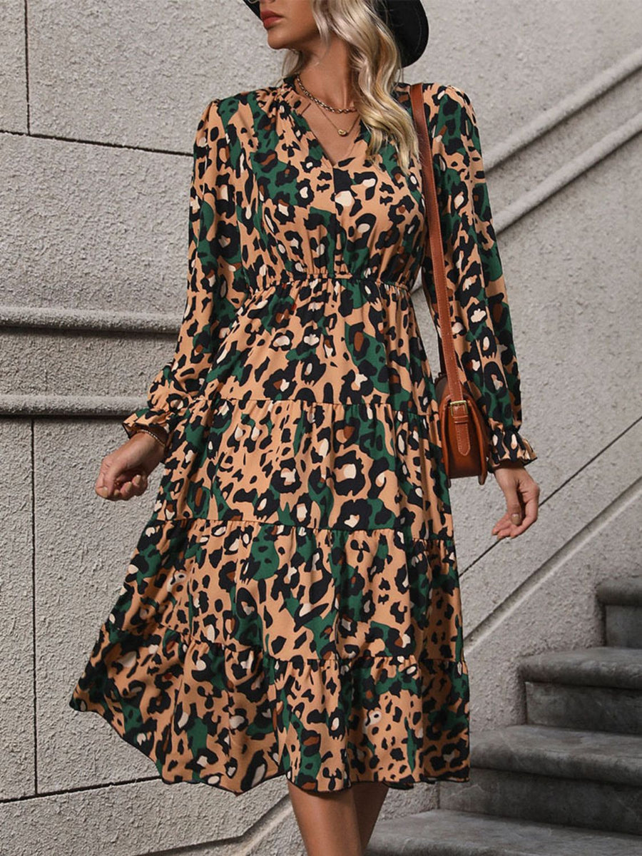 leopard print midi dress with sleeves Mesh Leopard Print Midi Dress