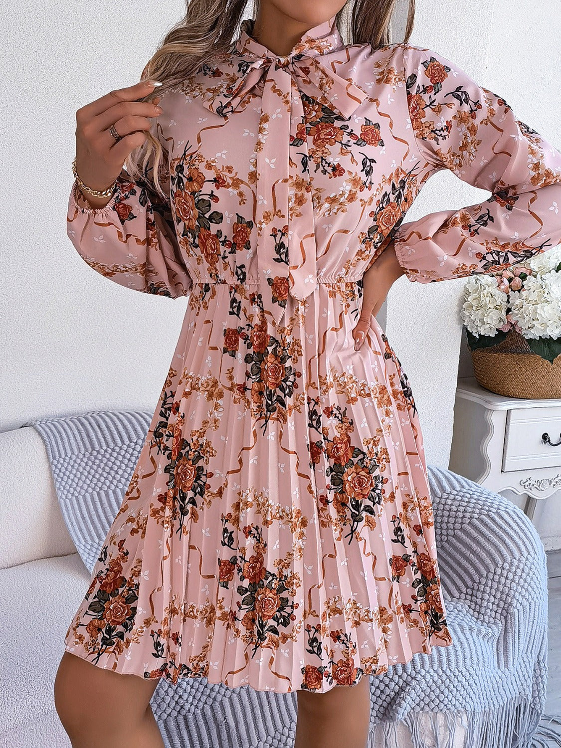 Pleated Printed Tie Neck Long Sleeve Dress - Charming Charlie