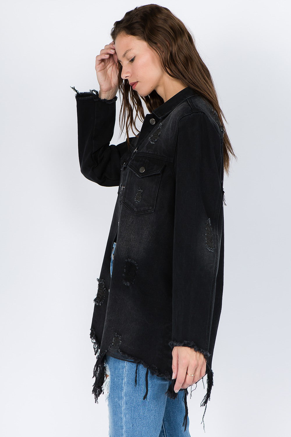 American Bazi Distressed Frayed Hem Denim Jacket - Charming Charlie
