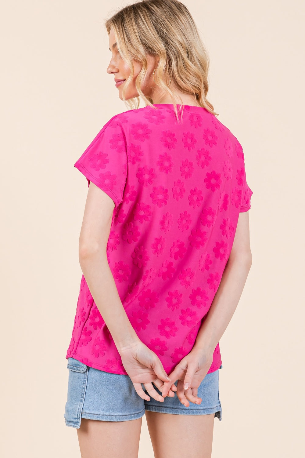 BOMBOM Textured Floral Pattern Short Sleeve T-Shirt - Charming Charlie