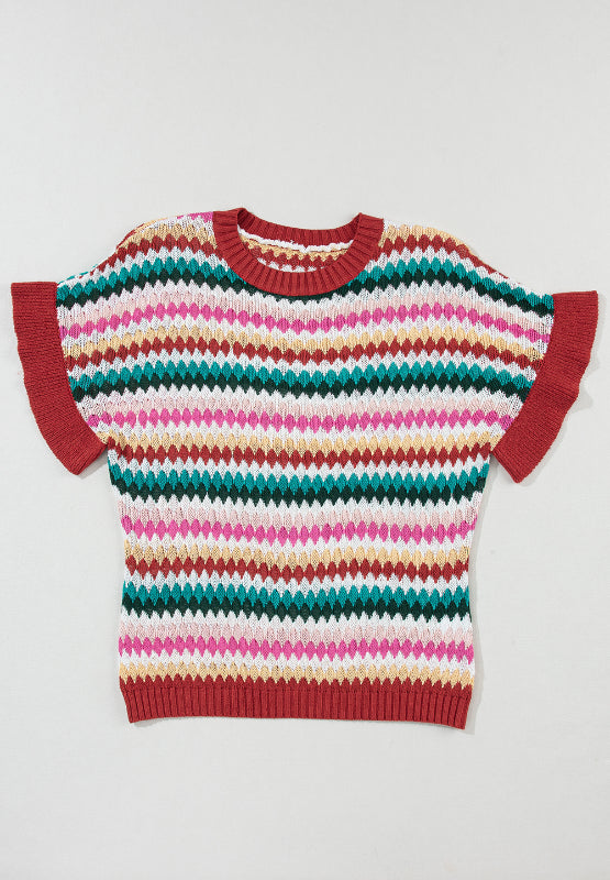 Contrast Round Neck Short Sleeve Sweater - Charming Charlie