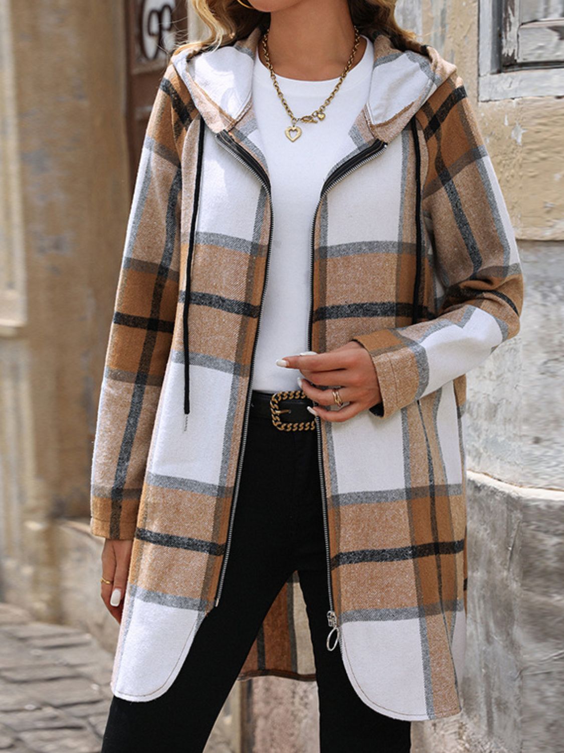 Drawstring Plaid Zip Up Long Sleeve Hooded Outerwear - Charming Charlie