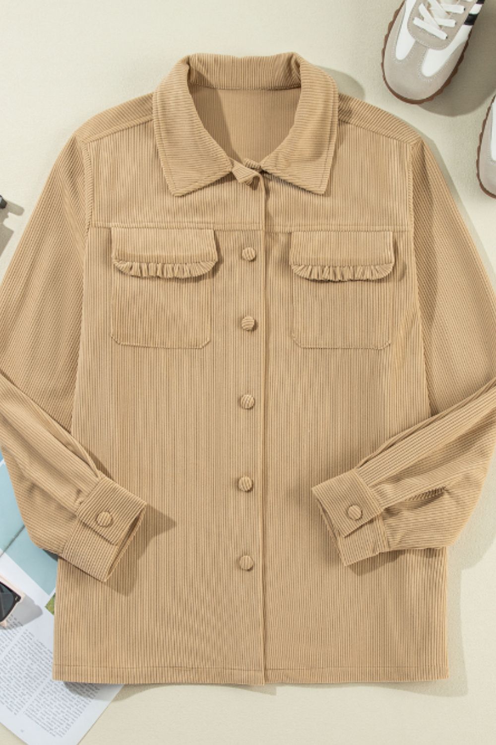 Frill Button Up Long Sleeve Shacket - Charming Charlie