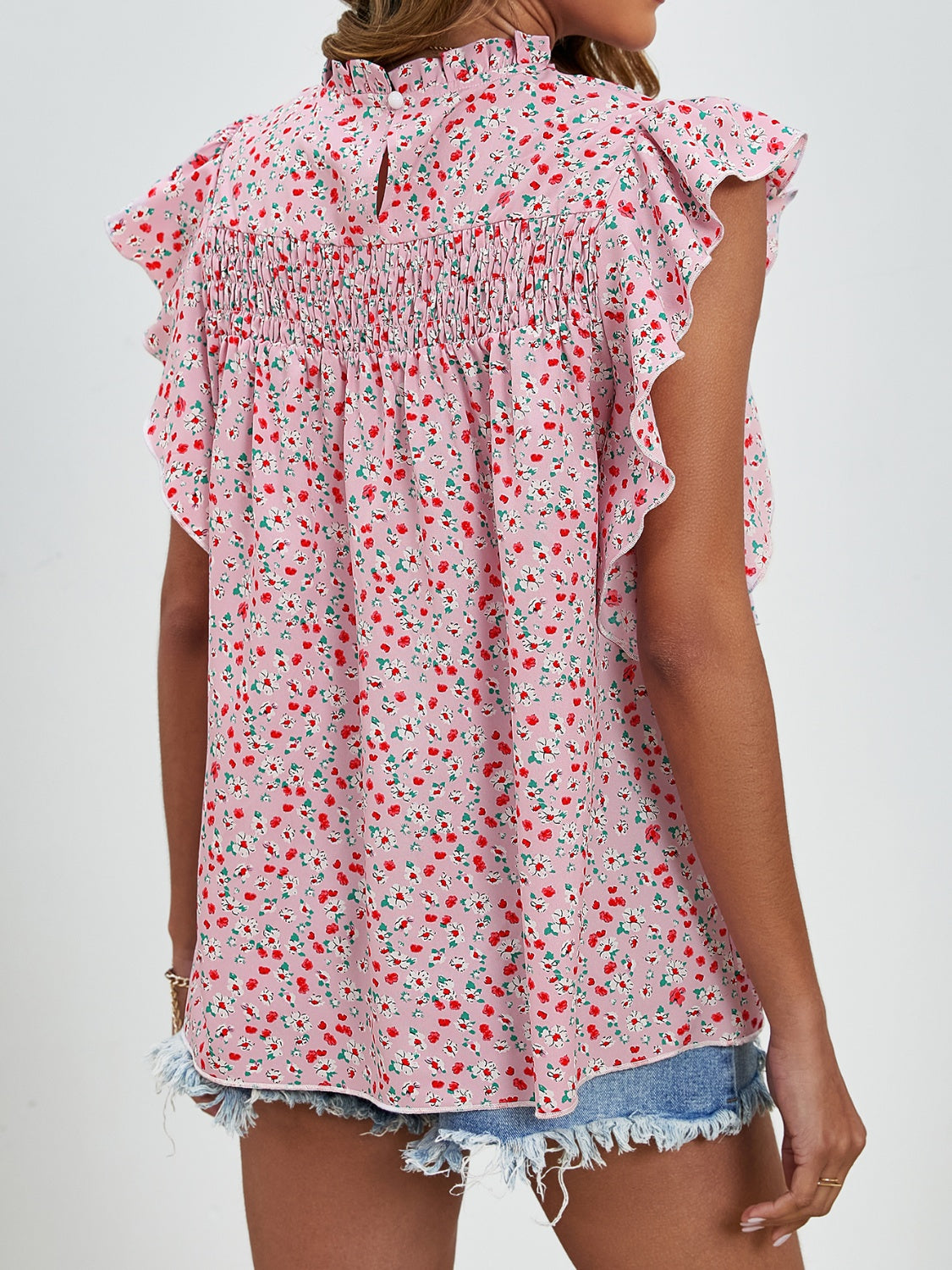 Ruffled Ditsy Floral Mock Neck Cap Sleeve Blouse - Charming Charlie