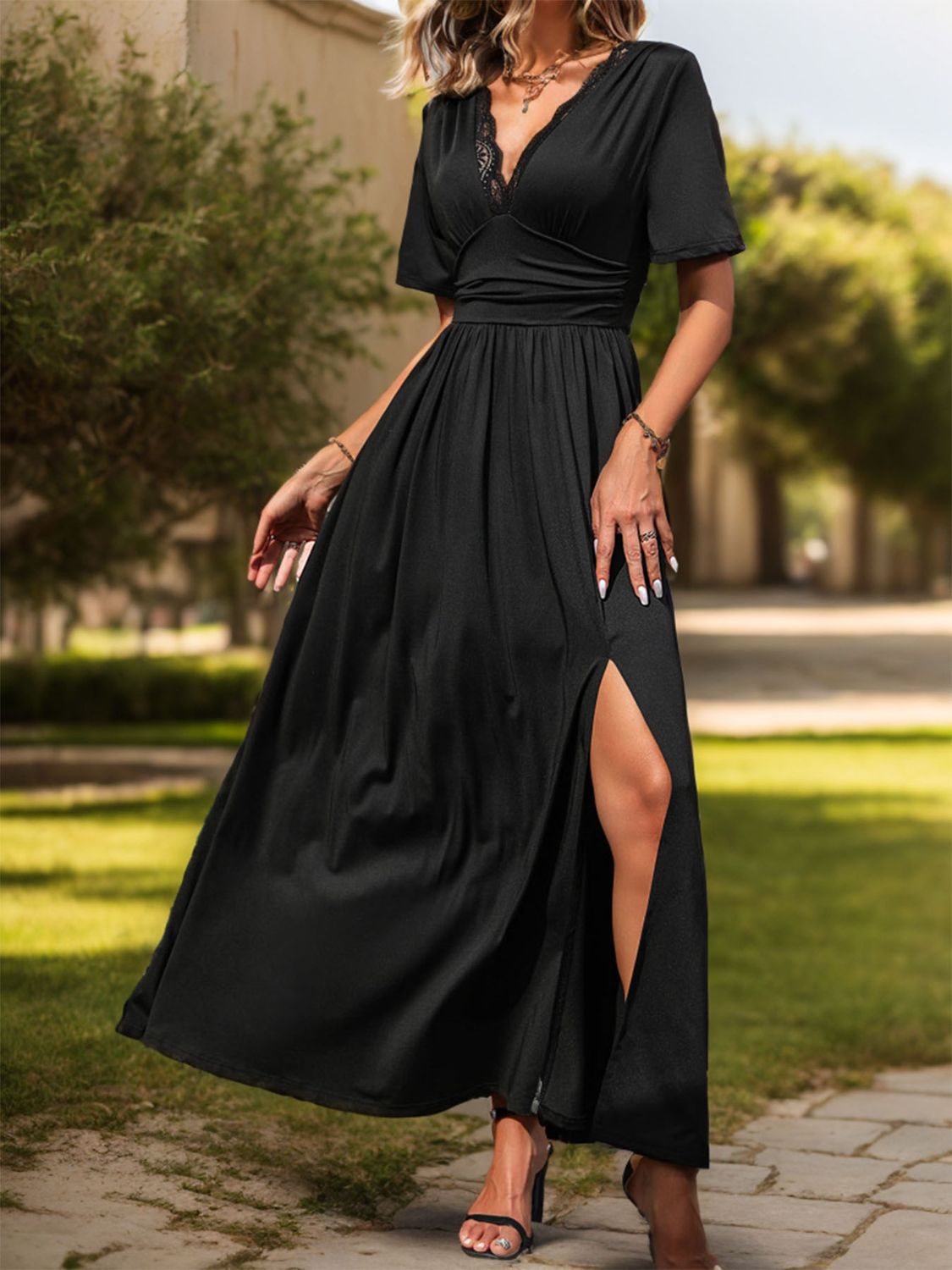 Lace Detail Slit V-Neck Short Sleeve Dress - Charming Charlie