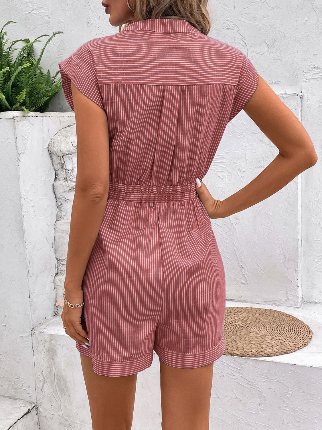 Striped Notched Tie Waist Romper - Charming Charlie