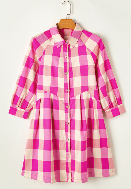 Ruched Plaid Three-Quarter Sleeve Shirt Dress - Charming Charlie