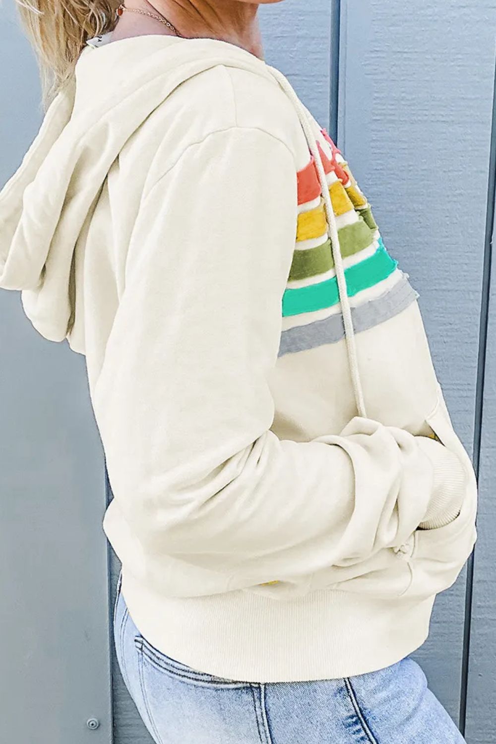 Drawstring Contrast Zip Up Long Sleeve Hoodie - Charming Charlie