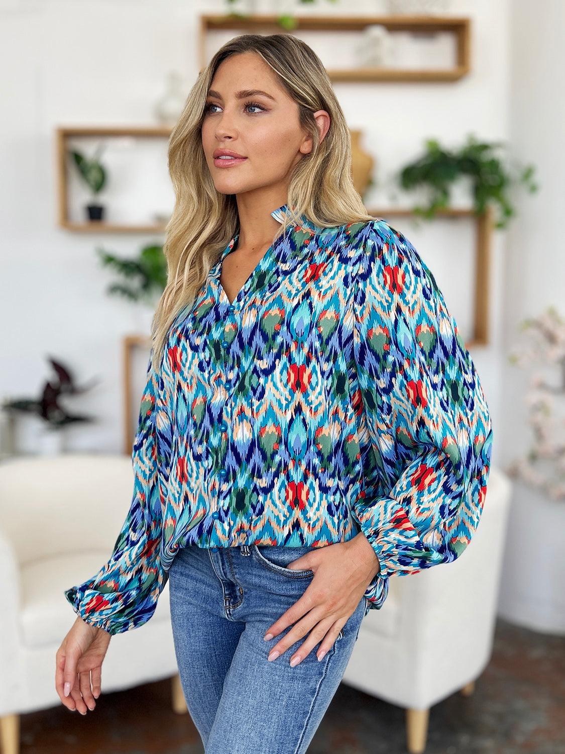 Double Take Full Size Printed Balloon Sleeve Blouse - Charming Charlie