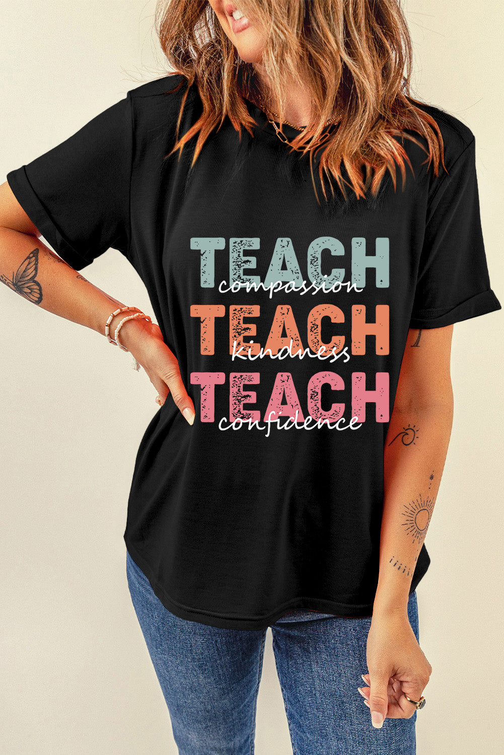 Letter Graphic Round Neck Short Sleeve T-Shirt - Charming Charlie