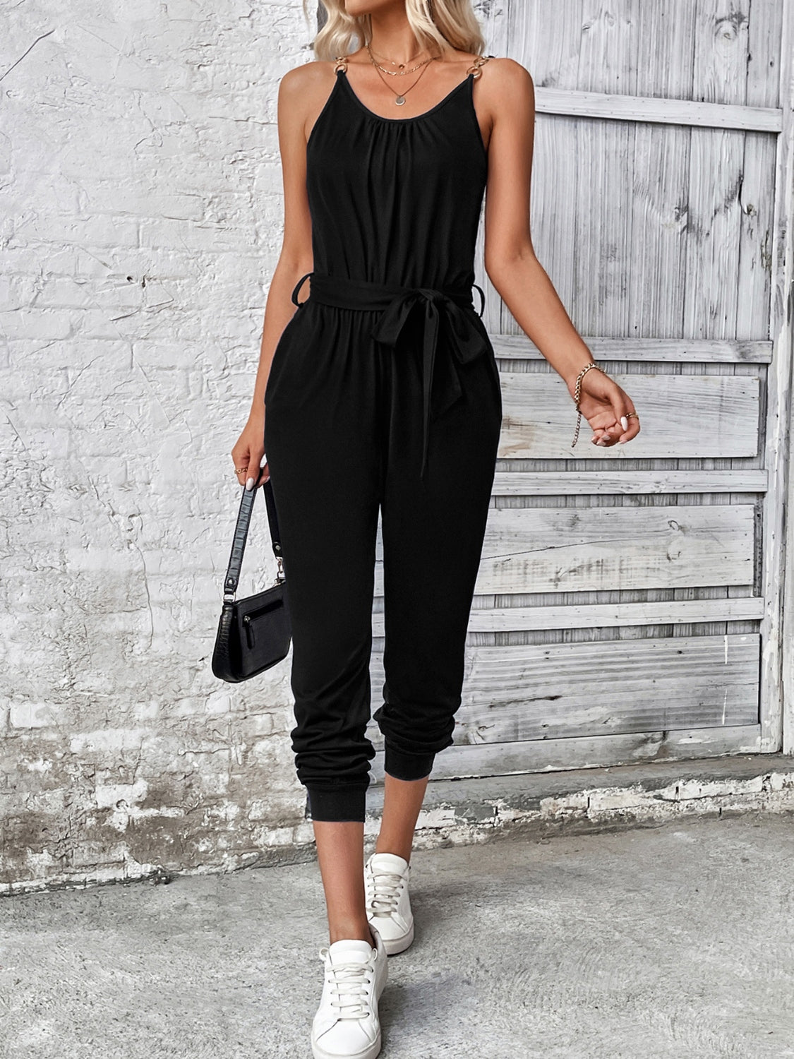 Scoop Neck Tie Waist Jumpsuit - Charming Charlie