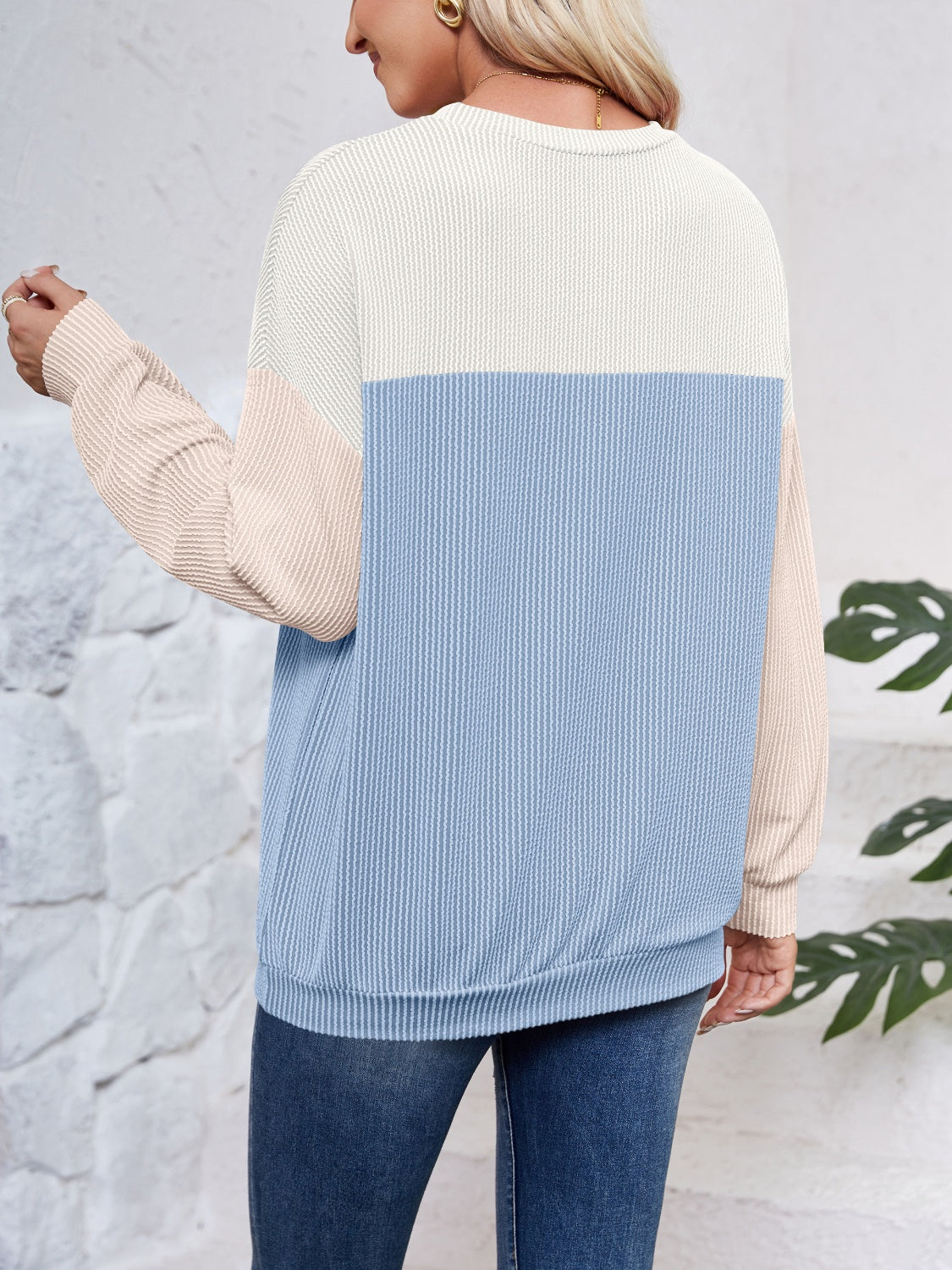 Color Block Round Neck Long Sleeve Sweatshirt - Charming Charlie