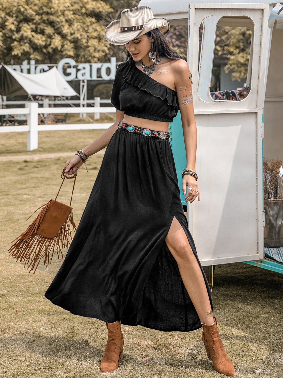 Ruffled Single Shoulder Top and Slit Skirt Set - Charming Charlie