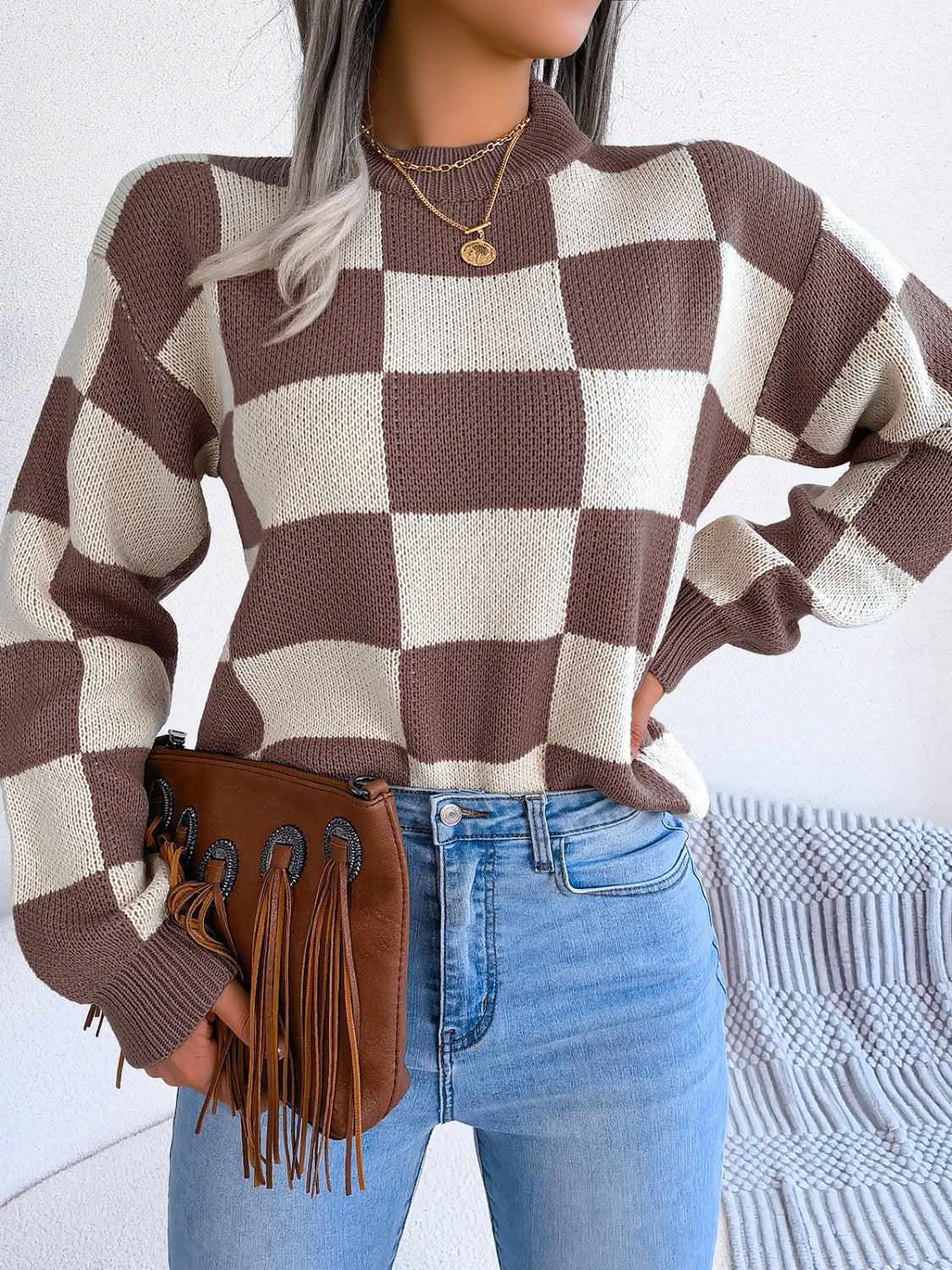 Checkered Mock Neck Long Sleeve Sweater - Charming Charlie