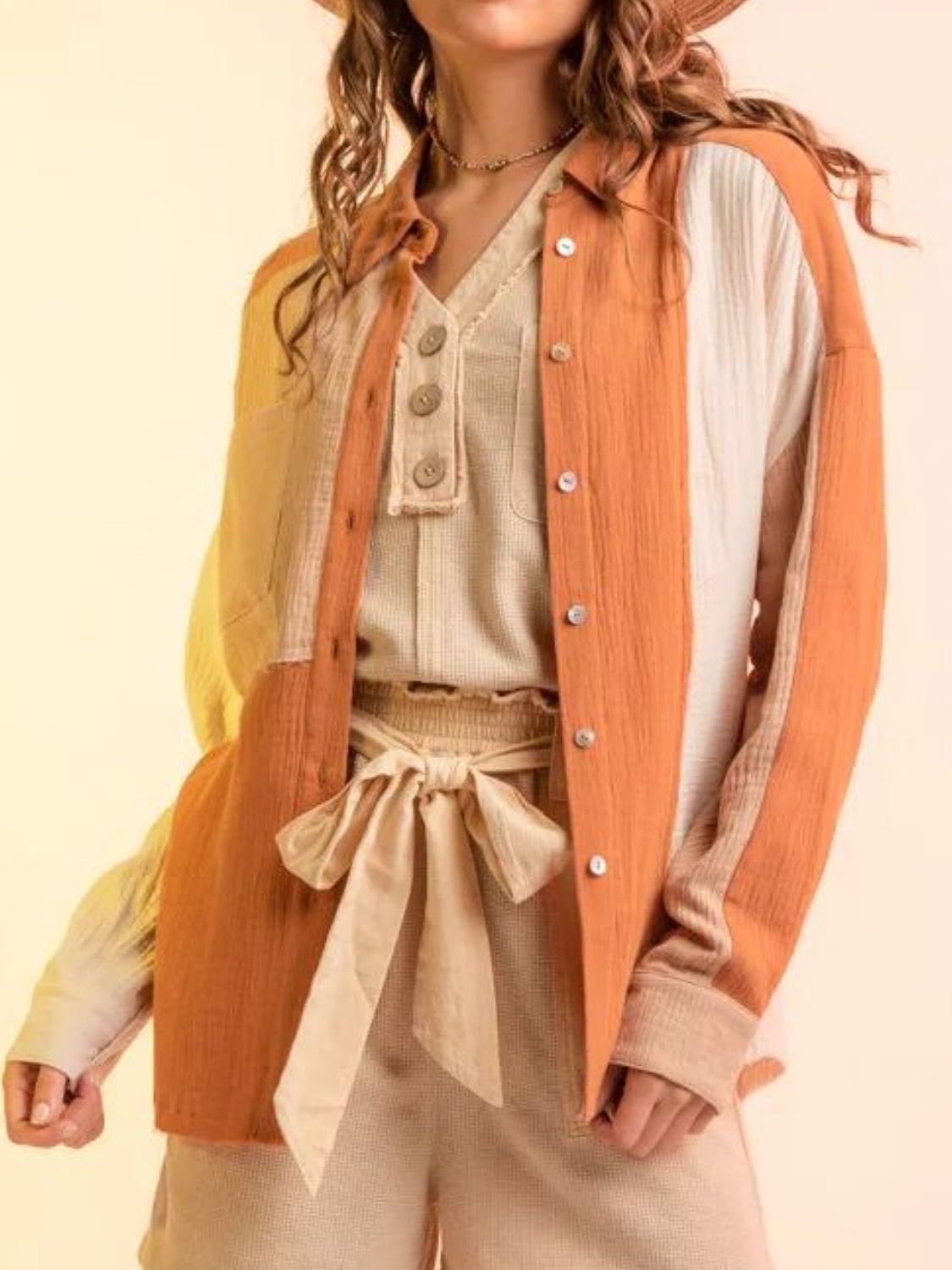 Contrast Button Up Long Sleeve Shirt - Charming Charlie