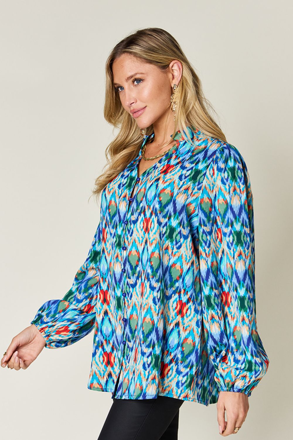 Double Take Full Size Printed Balloon Sleeve Blouse - Charming Charlie