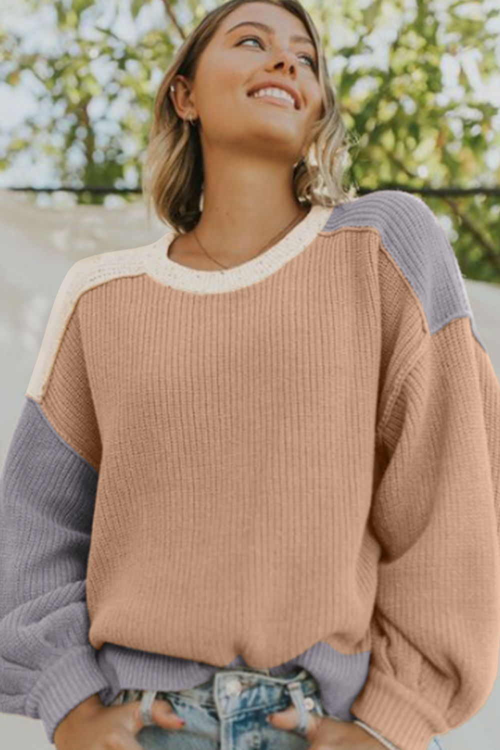 Color Block Round Neck Drop Shoulder Sweater - Charming Charlie