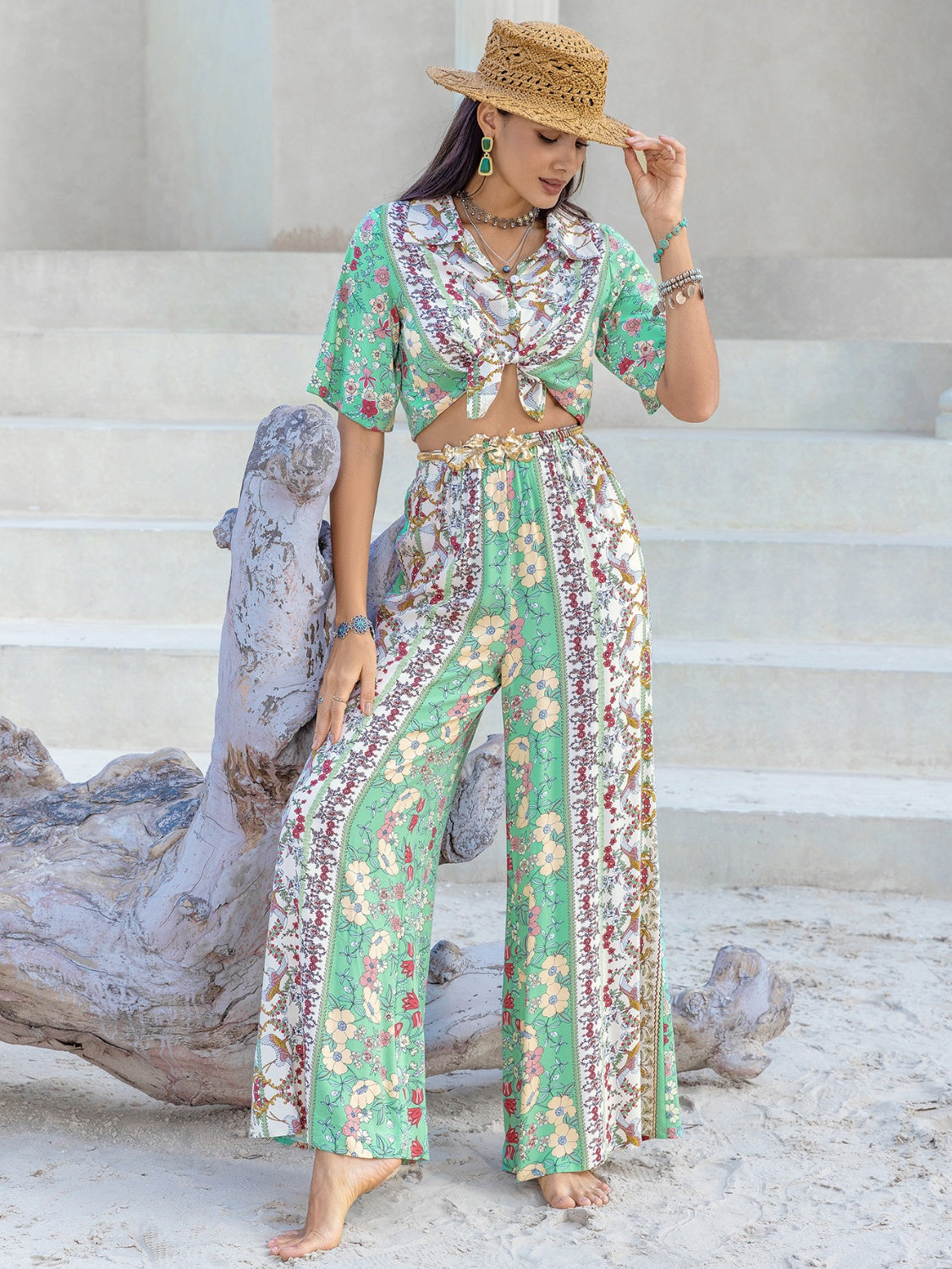 Printed Half Sleeve Top and Wide Leg Pants Set - Charming Charlie