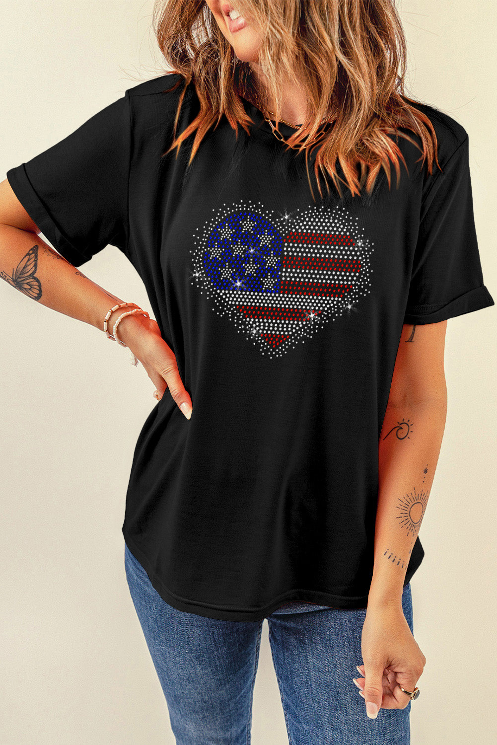 Rhinestone Heart Round Neck Short Sleeve T-Shirt - Charming Charlie