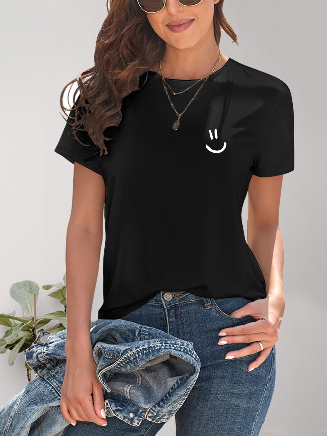 Smile Graphic Round Neck Short Sleeve T-Shirt - Charming Charlie