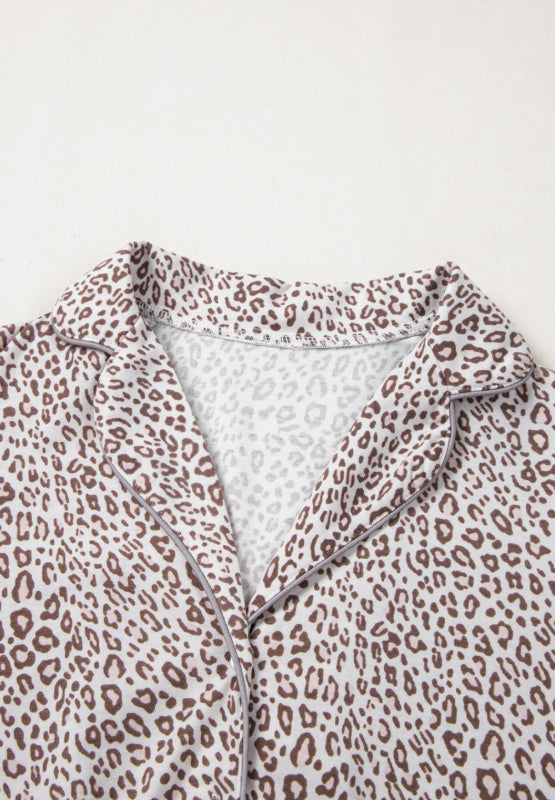 Leopard Button Down Long Sleeve Top and Pants Lounge Set - Charming Charlie