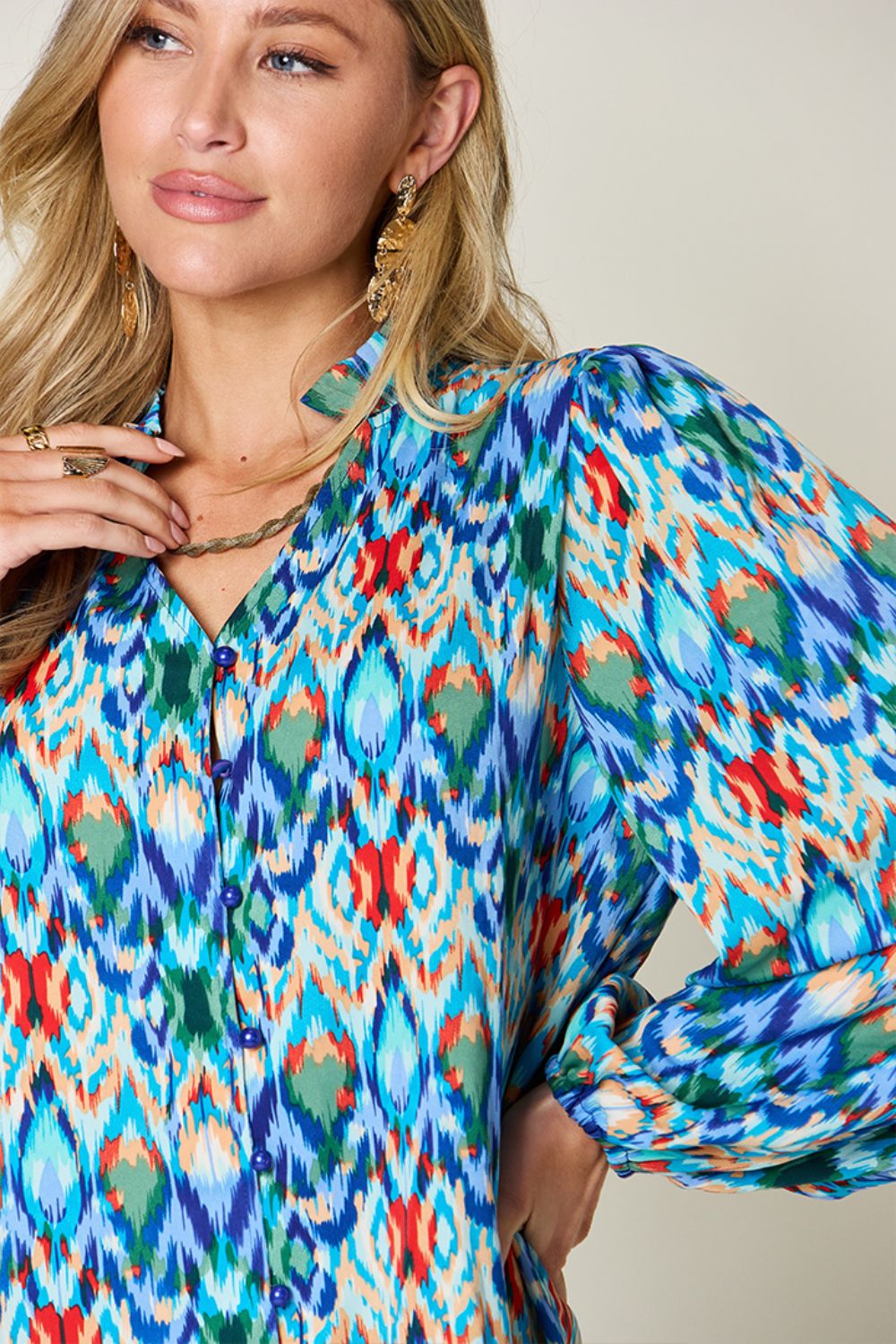 Double Take Full Size Printed Balloon Sleeve Blouse - Charming Charlie