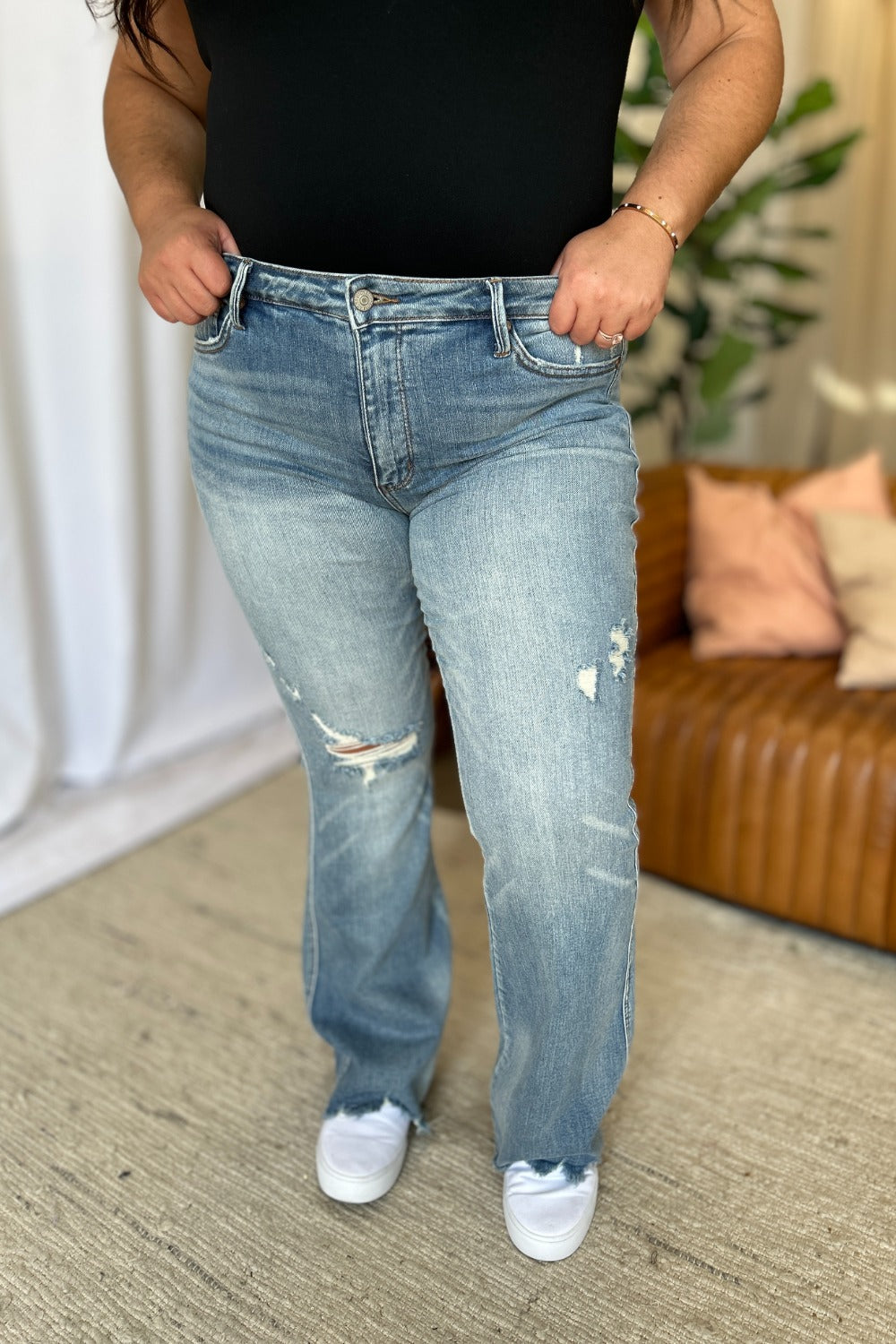 Judy Blue Full Size Medium Rise Tummy Control Destroy Flare - Charming Charlie