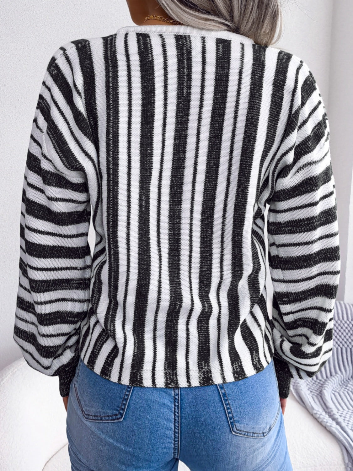 Striped Lace-Up Long Sleeve Sweater - Charming Charlie