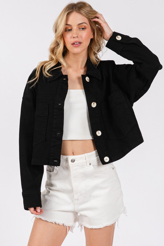 bytos Button Down Cropped Denim Jacket with Patch Pockets - Charming Charlie