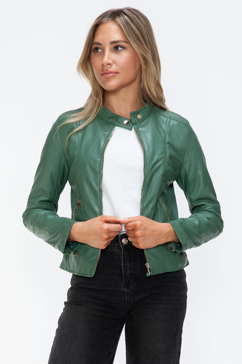 Snobbish Faux Leather Zip Up Drawstring Hooded Jacket - Charming Charlie