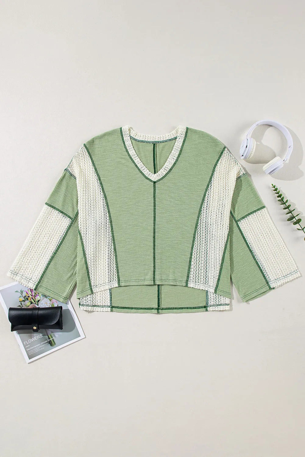 Lace Detail Contrast V-Neck Long Sleeve Blouse - Charming Charlie