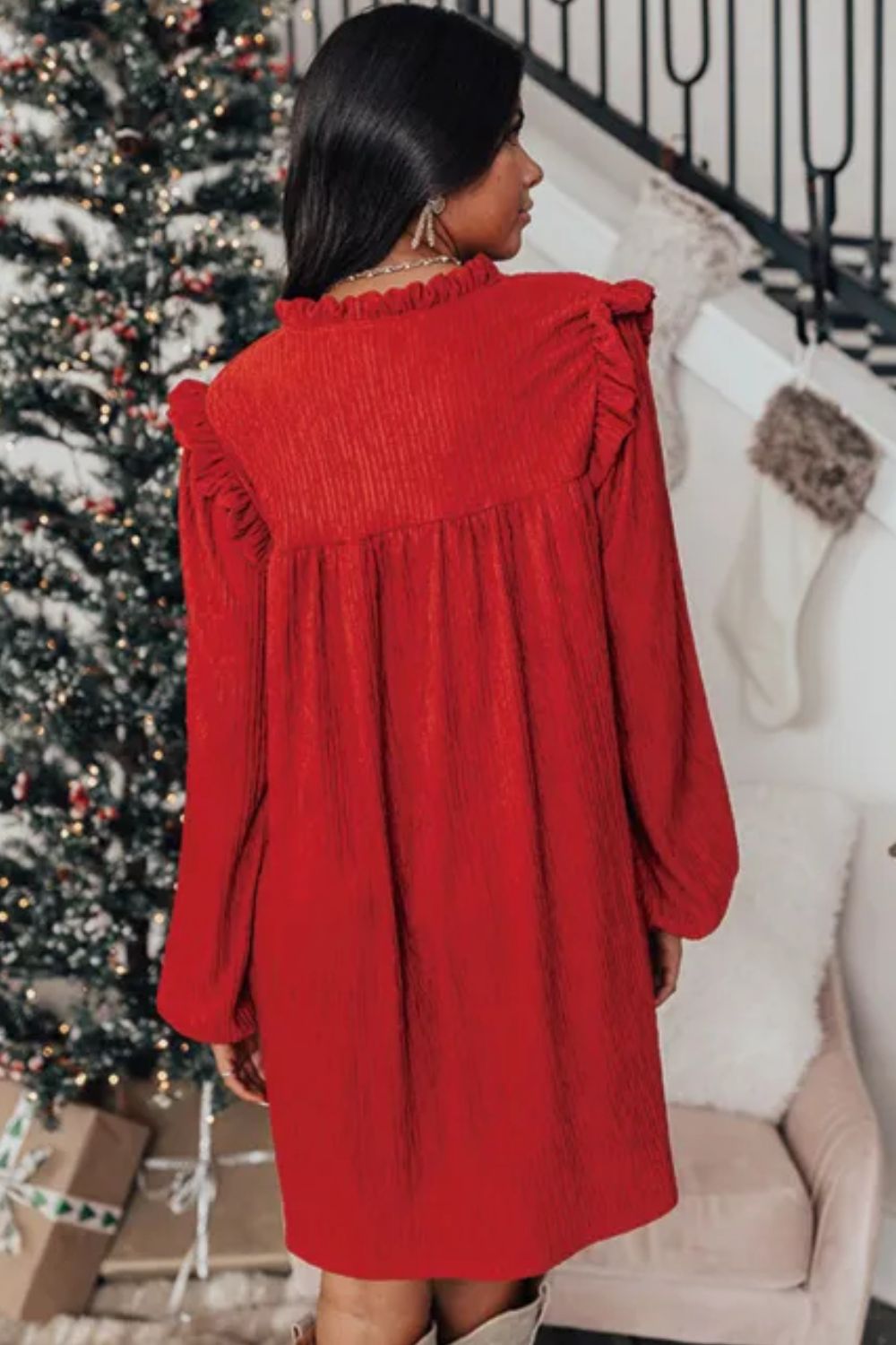 Frill Notched Long Sleeve Dress - Charming Charlie
