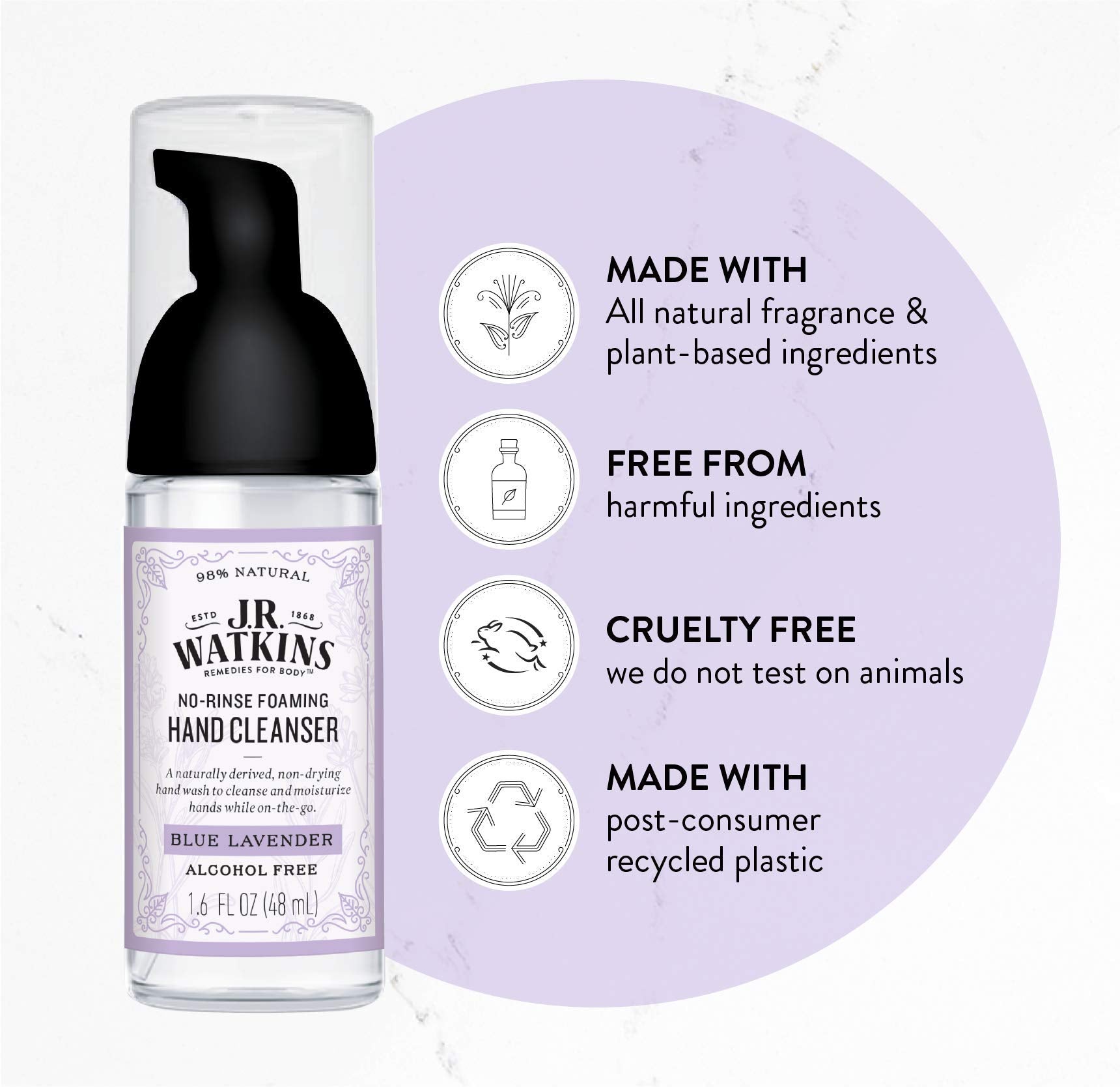 J.R. Watkins No-Rinse Foaming Hand Cleanser β Hand Soap in Pump Dispenser β Bathroom & Kitchen Foam Cleaner β All Natural, Alcohol Free, Blue Lavender, 1.6 fl. Oz - Charming Charlie