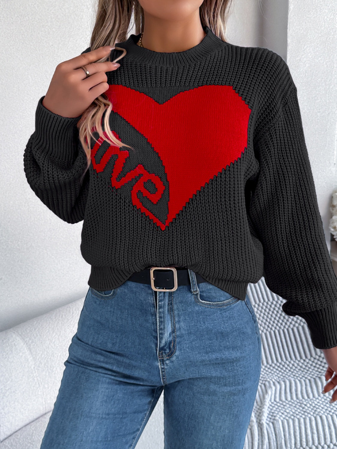 LOVE Heart Round Neck Dropped Shoulder Sweater - Charming Charlie