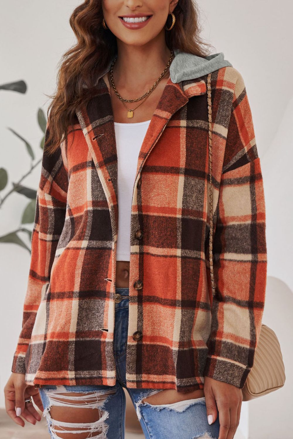Plaid Button Up Hooded Shacket - Charming Charlie