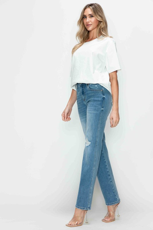 bytos Full Size Distressed High Rise Straight Jeans - Charming Charlie