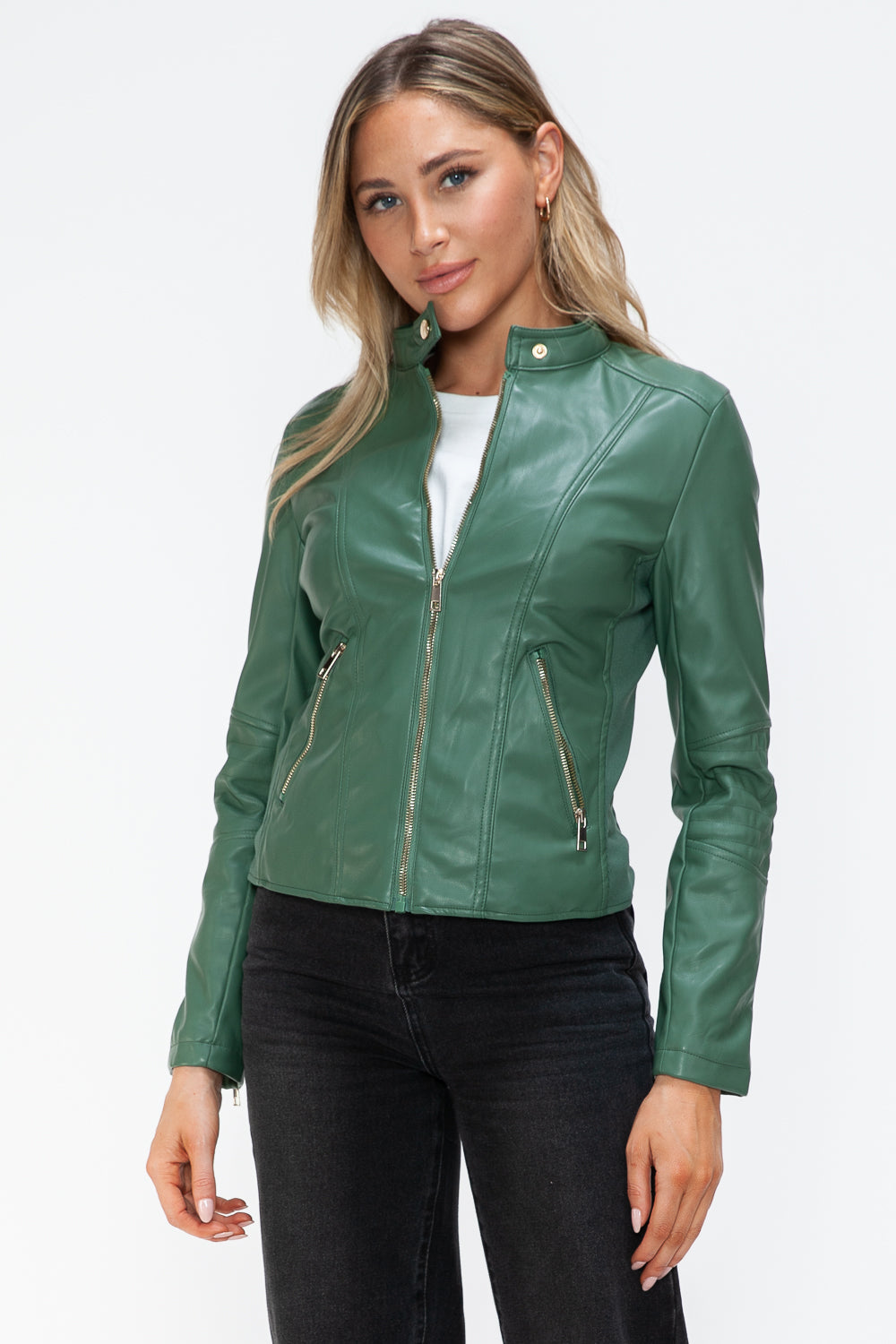 Snobbish Faux Leather Zip Up Drawstring Hooded Jacket - Charming Charlie