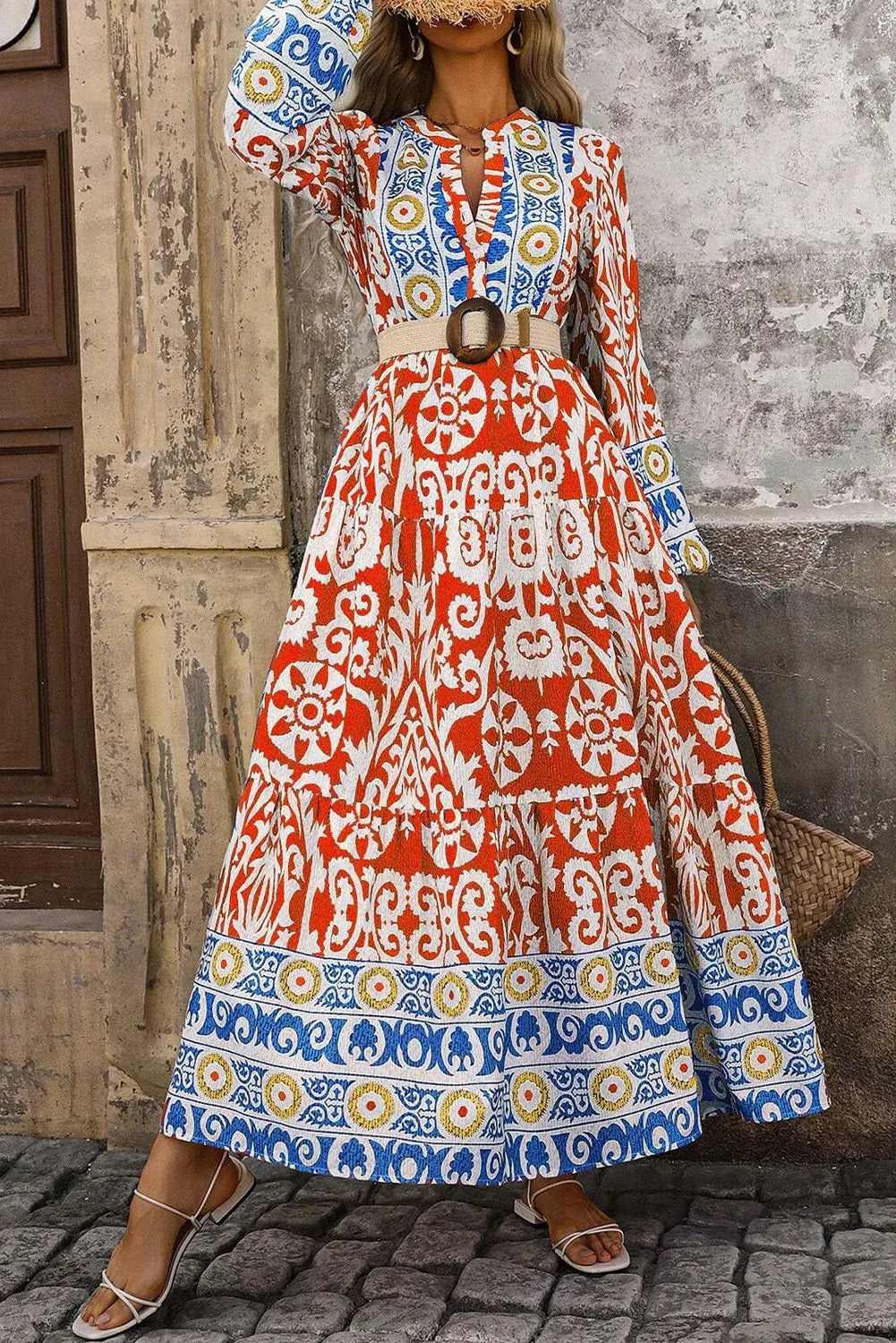 Printed Notched Long Sleeve Maxi Dress - Charming Charlie