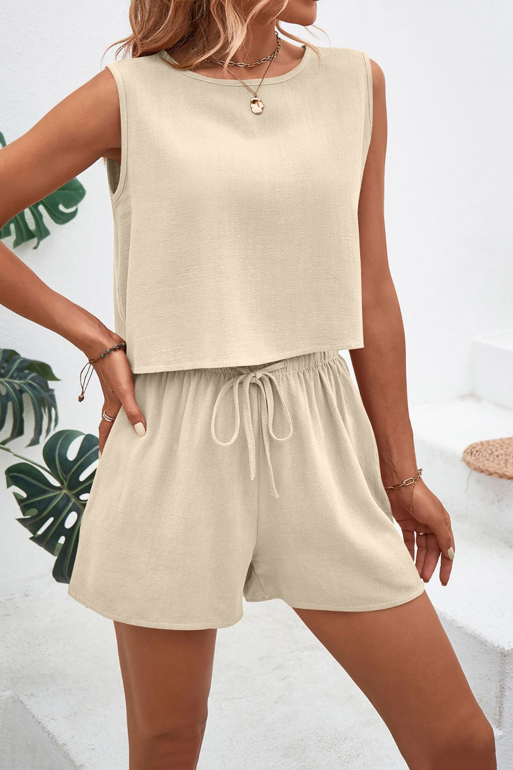 Round Neck Top and Drawstring Shorts Set - Charming Charlie