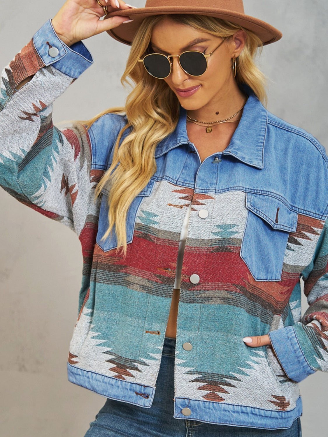 Geometric Button Up Dropped Shoulder Denim Jacket - Charming Charlie