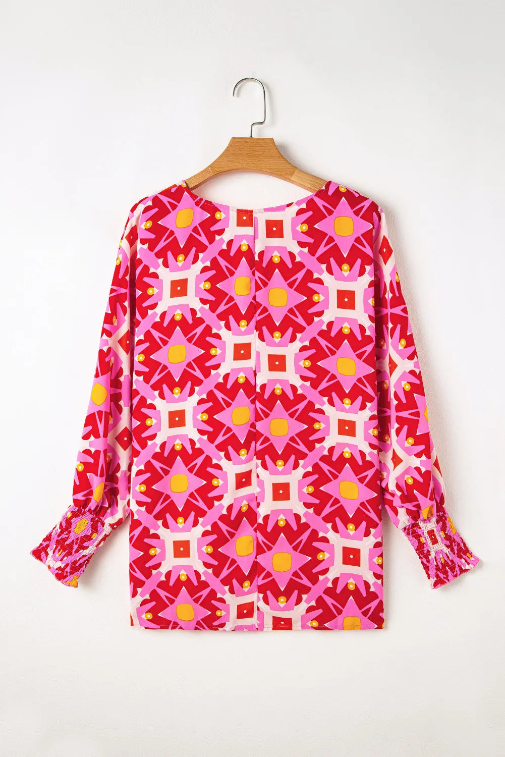 Smocked Cuff Printed Round Neck Long Sleeve Blouse - Charming Charlie